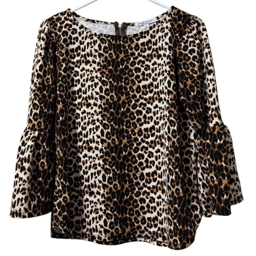 Green Envelope Women Size Medium Leopard Animal Print Zipper Blouse Bell Sleeves